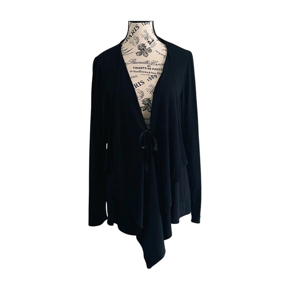 Encore Soft Stretch Waterfall Cardigan – Black Tie-Front | 1X - Picture 1 of 5
